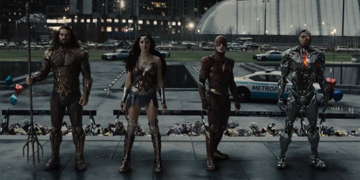 Aquaman, Wonder Woman, the Flash and Cyborg stand alongside each other in 'Zack Snyder's Justice League'.