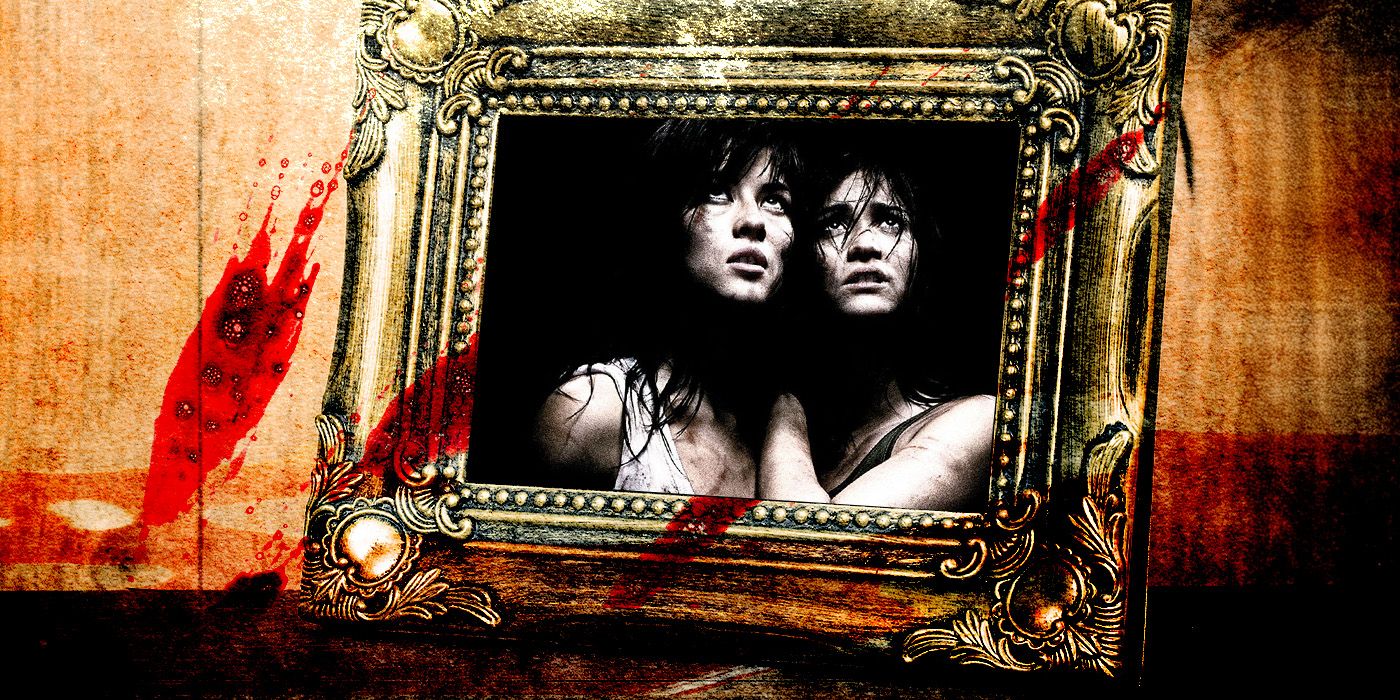 A framed photo of Anna and Lucie, played by actors Morjana Alaoui and Mylène Jampano?, in Martyrs, against a bloody background.