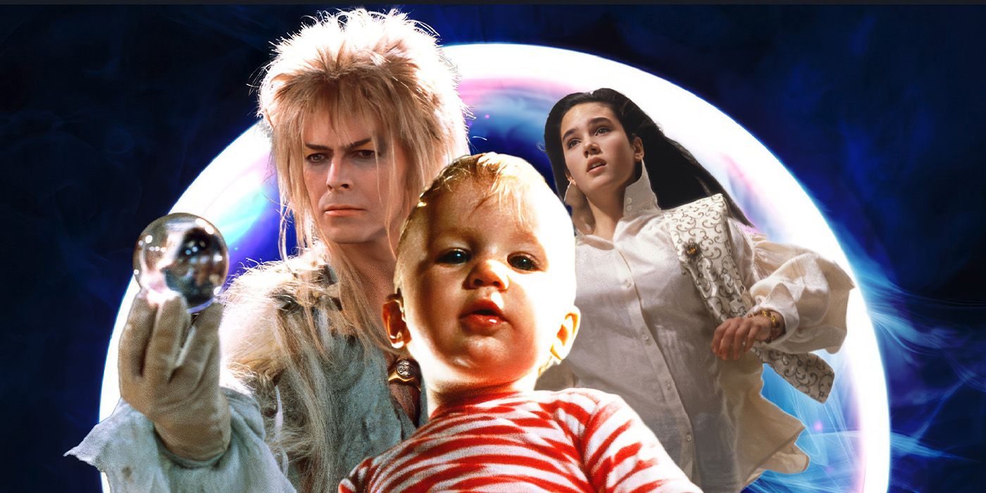 David Bowie as The Goblin King holding a crystal ball, while Toby and Sarah, played by Toby Froud and Jennifer Connelly, are beside him under a full moon.