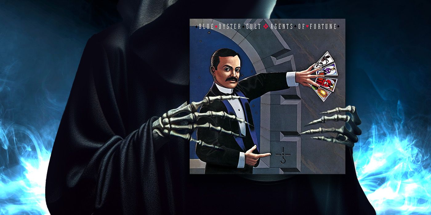 The grim reaper holding the Blue Oyster Cult album Agents of Fortune in its skeletal hands.