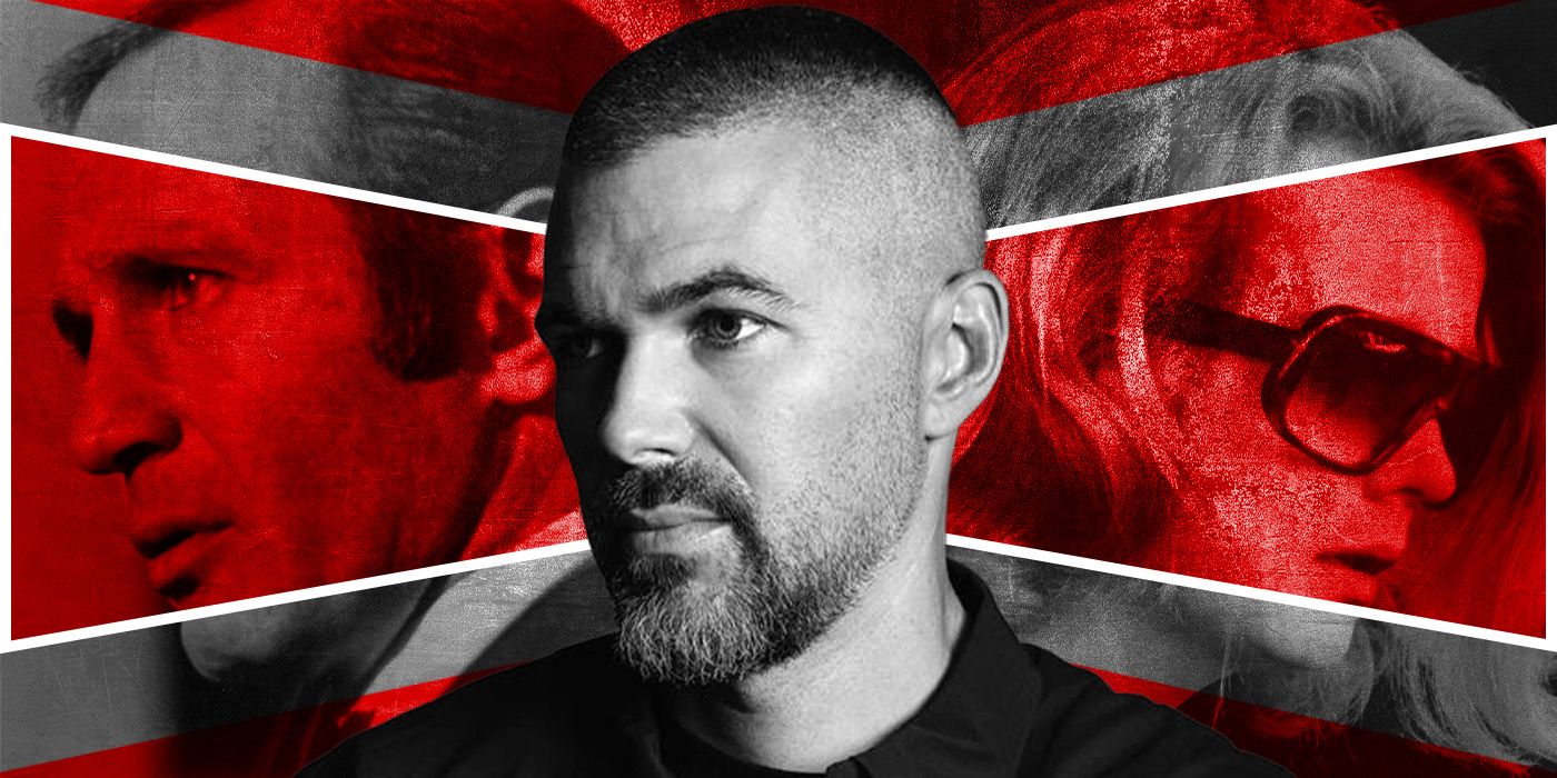 Director Robert Eggers stands between characters from Opening Night cast in a red light.