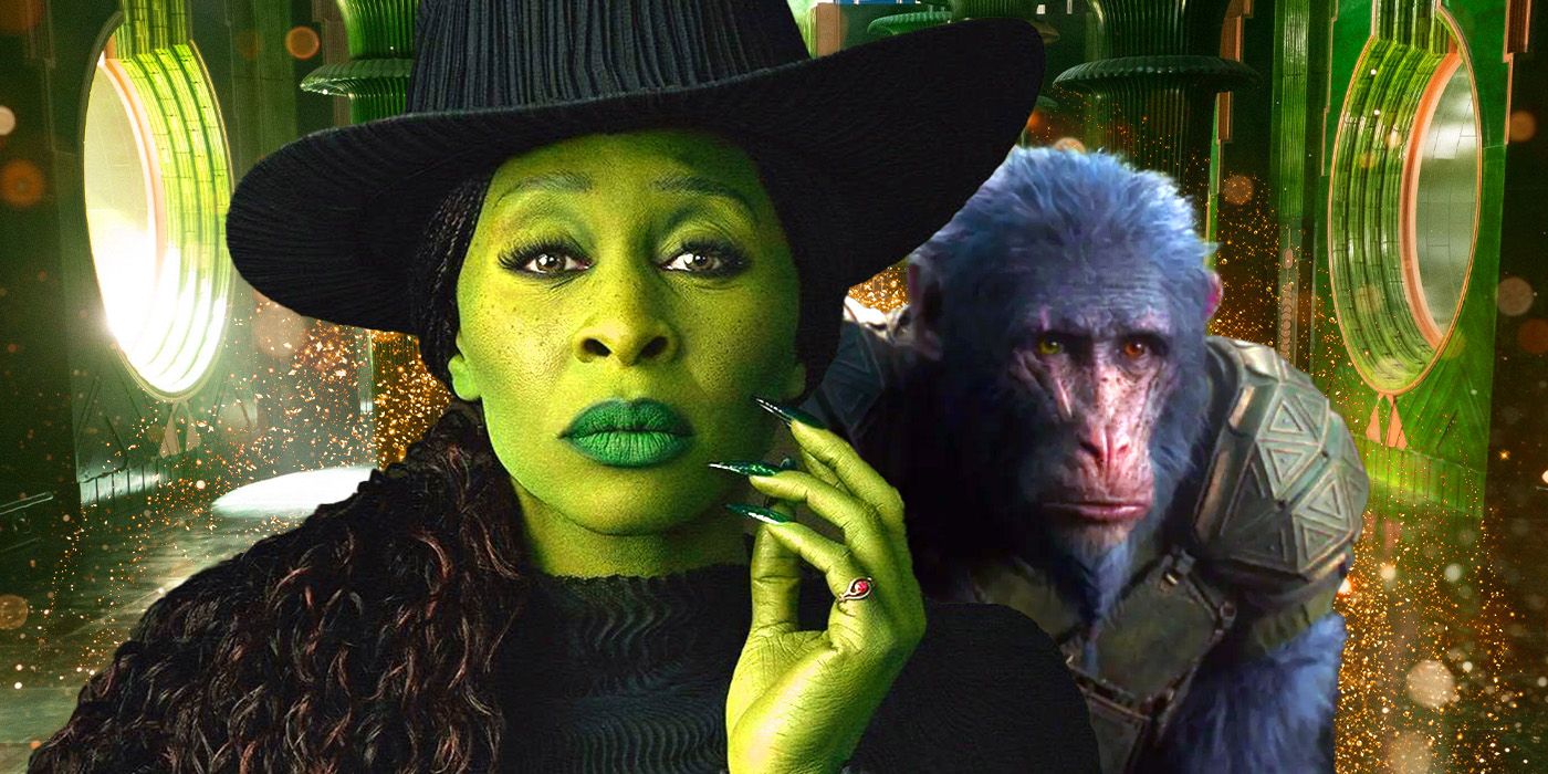 Elphaba, played by actor Cynthia Erivo, puts her hand to her face gracefully while one of the Ozian monkey guards sits behind her.