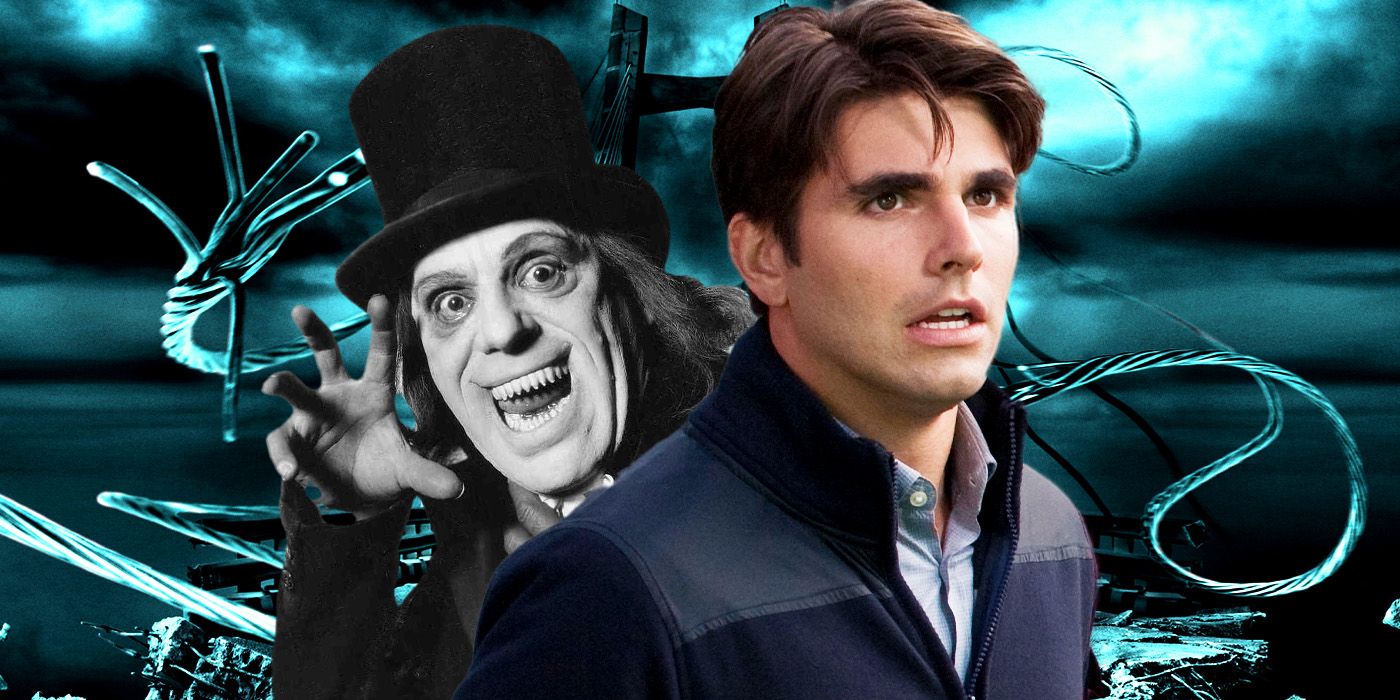 Lon Chaney as the man in the beaver hat from London After Midnight, next to Miles Fisher as Peter Friedkin in Final Destination 5, against a backdrop of a suspension bridge snapping.