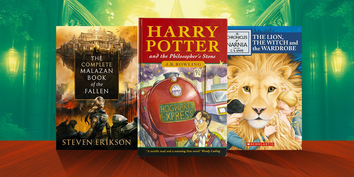 Blended image showing the covers from books from the Malazan, Harry Potter, and Narnia series