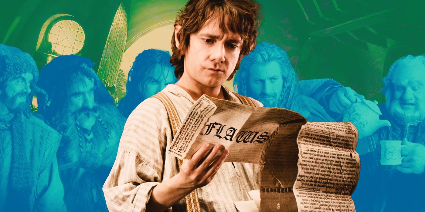 Blended image showing Bilbo reading a scroll with the dwarves in the background in The Hobbit