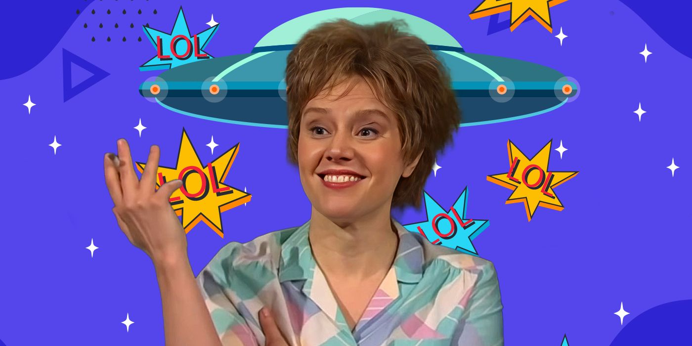 Blende dimage showing Kate McKinnon in SNL with a spaceship in the background