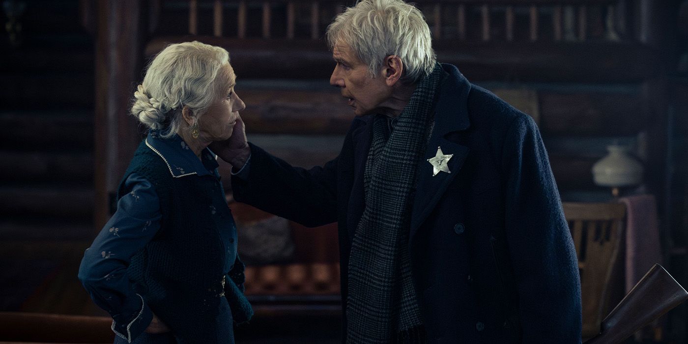 Cara Dutton (Helen Mirren) says goodbye to Jacob Dutton (Harrison Ford) on '1923'