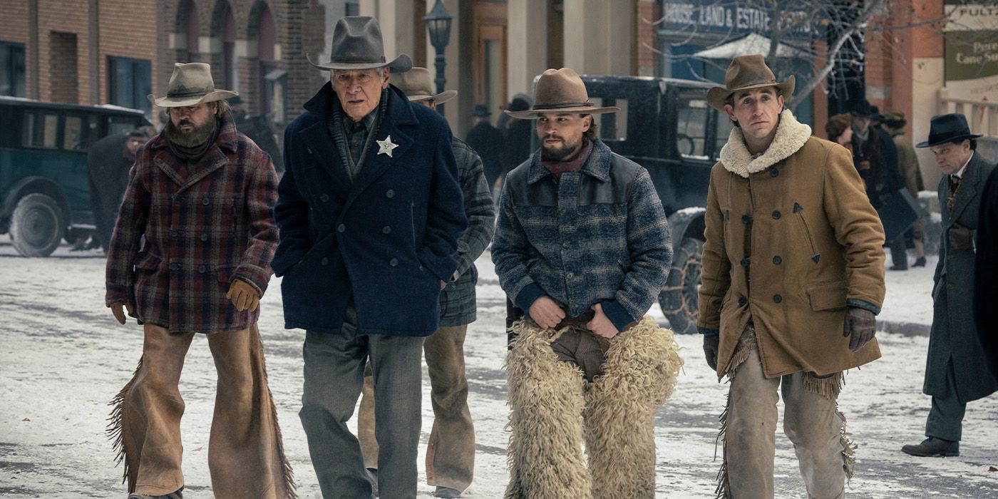 Jacob Dutton (Harrison Ford), Jack Dutton (Darren Mann), and their ranch hands walk down Bozeman on &lsquo;1923&rsquo;