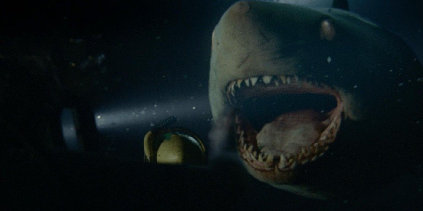 A shark shows its teeth in the dark in '47 Meters Down: Uncaged'