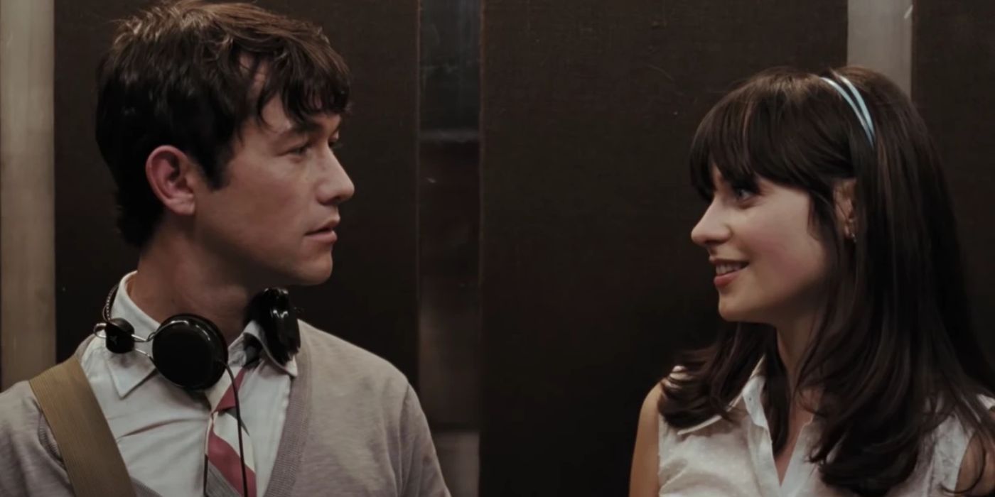 Joseph Gordon-Levitt and Zooey Deschanel in an elevator in (500) Days of Summer
