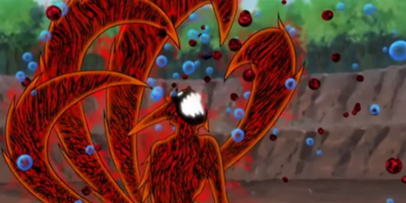 Blue and red particles gather towards fox&rsquo;s mouth in Naruto.