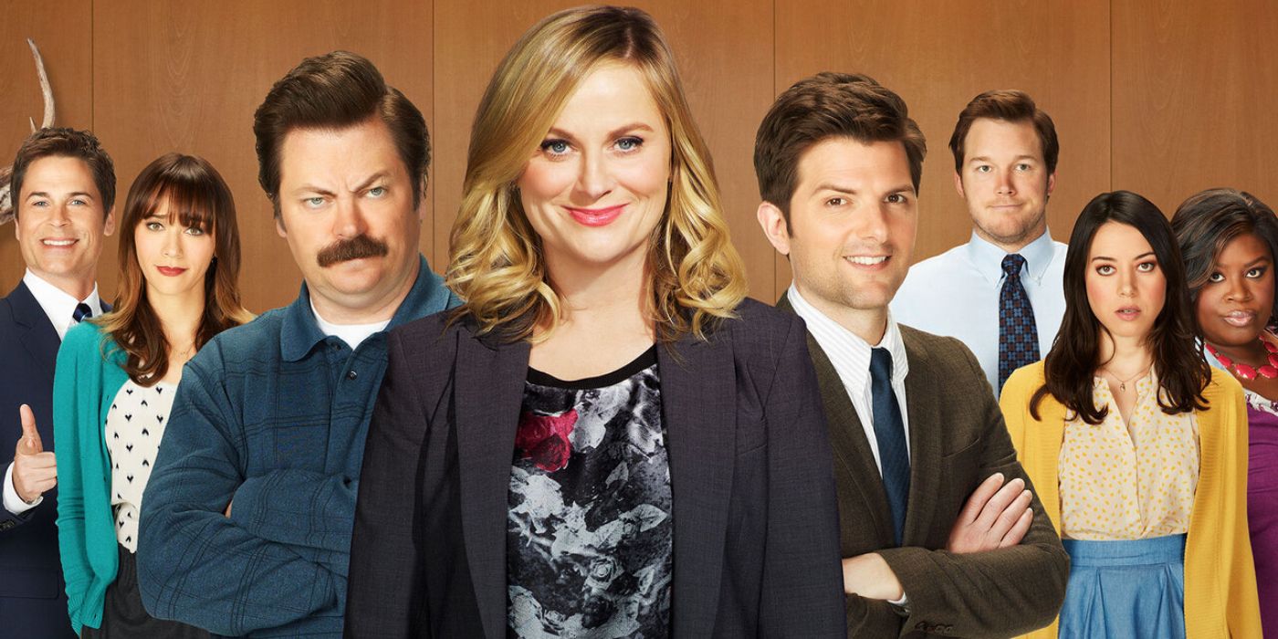 A promotional photo featuring the main cast of Parks and Recreation