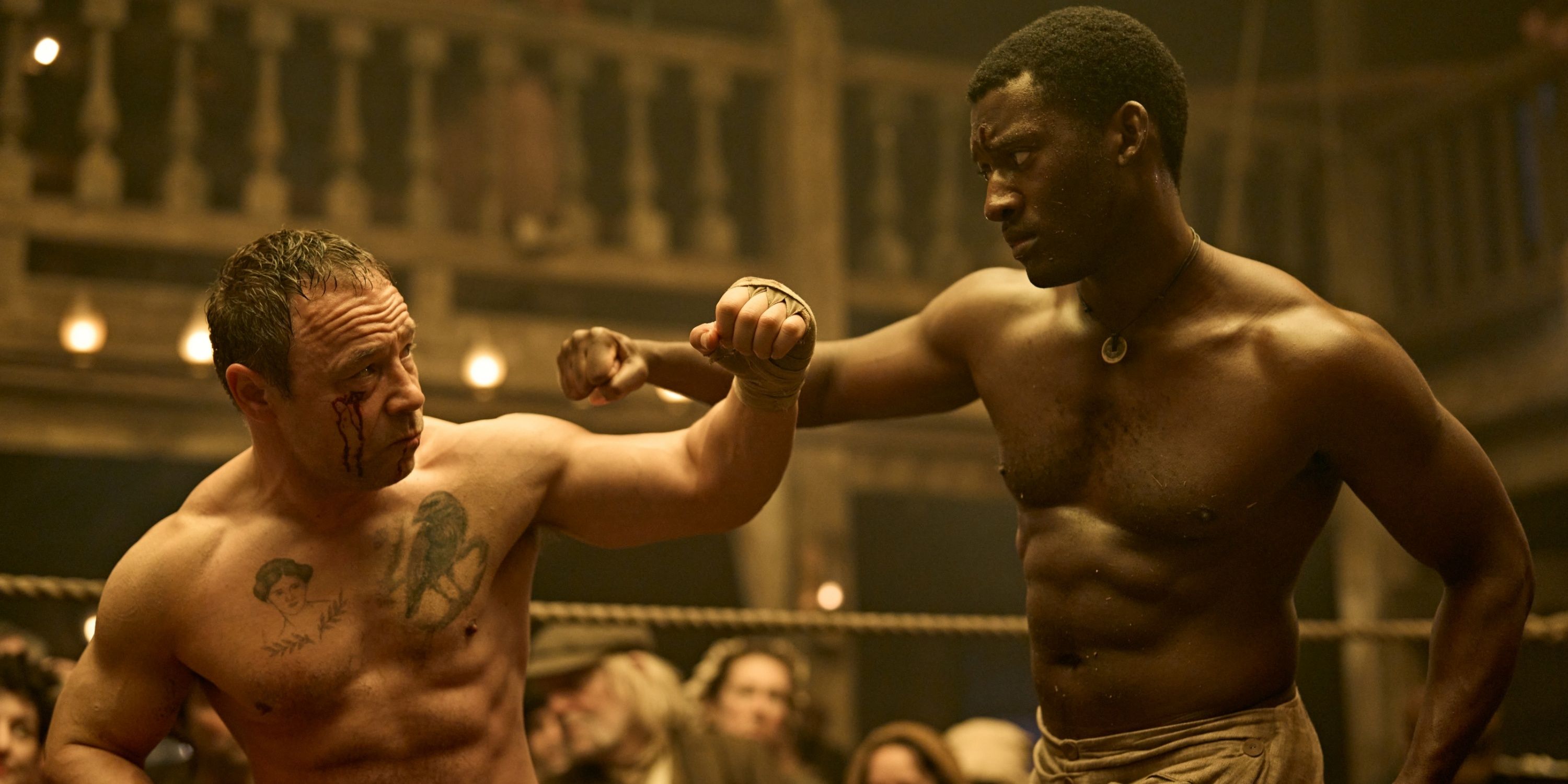 Stephen Graham as Sugar Goodson in the ring fighting Malachi Kirby as Hezekiah in A Thousand Blows