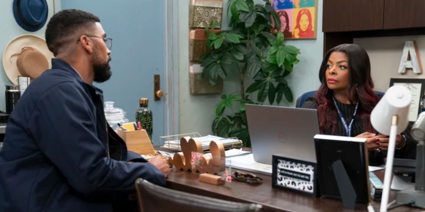 Ava (Janelle James) and?O'Shon (Matthew Law) in Ava's office in Abbott Elementary.