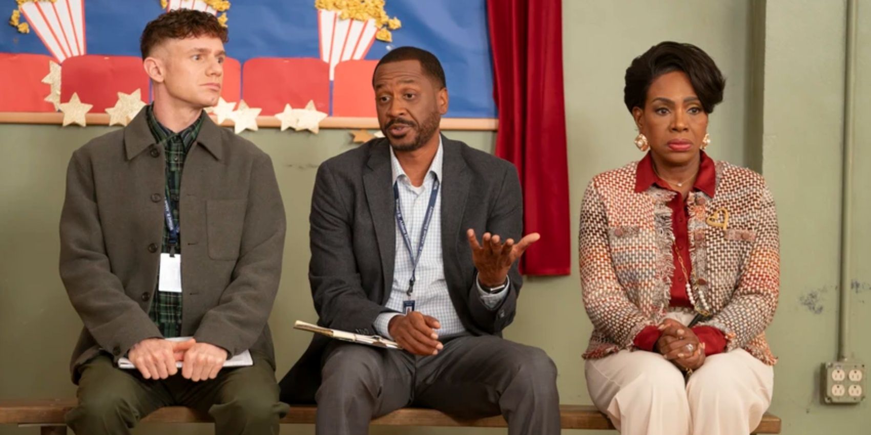 Jacob (Jacob Perfetti) and Barbara (Sheryl Lee Ralph) are shocked by Mr. Morton (Jerry Minor)  in Abbott Elementary.