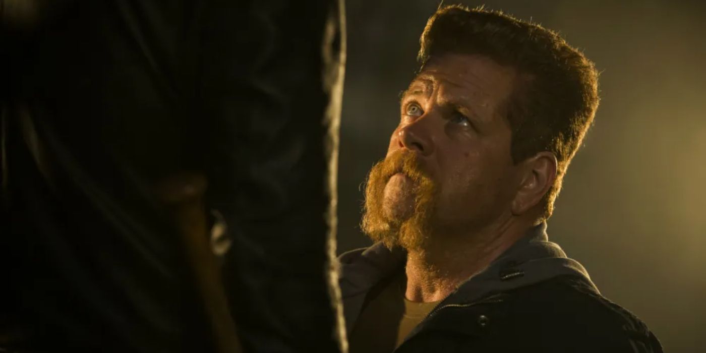 Michael Cudlitz as Abraham looking up at Negan in season 7, episode 1 of The Walking Dead.