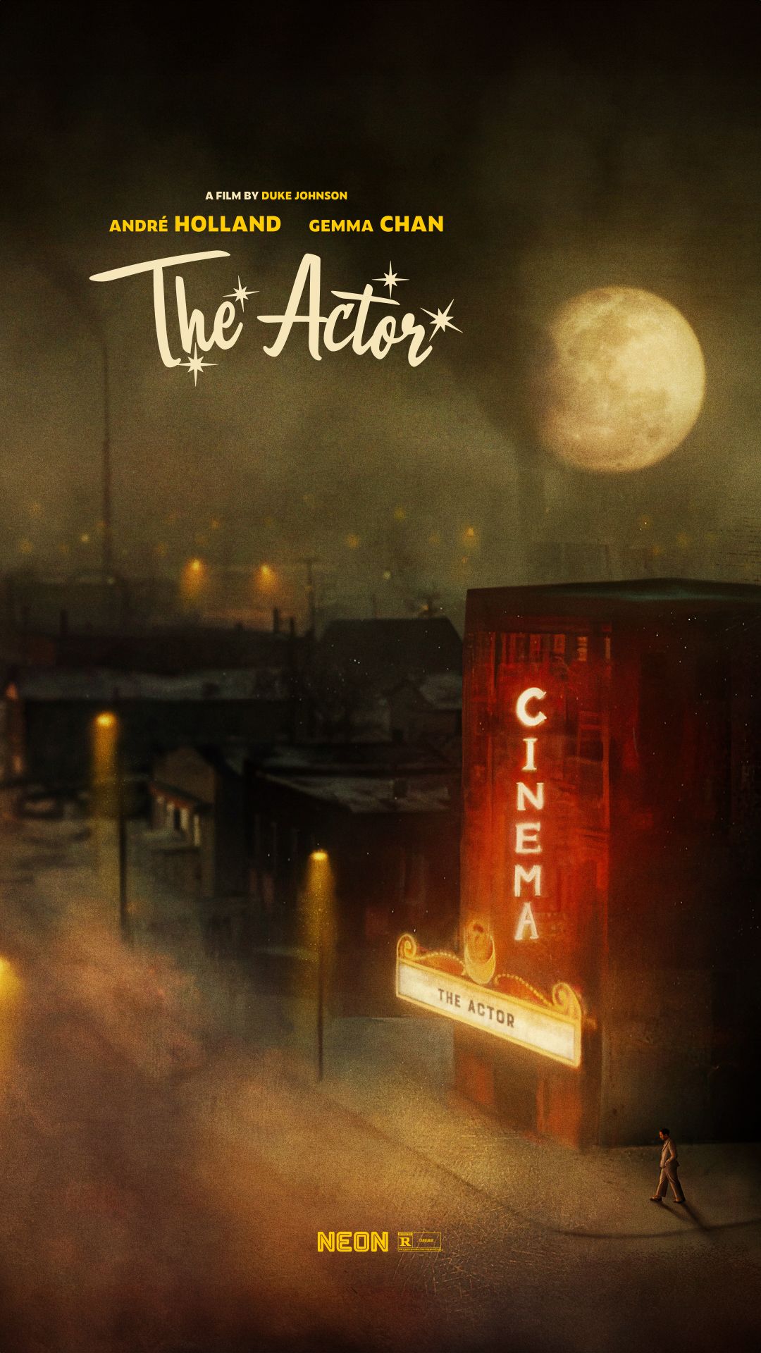 a full moon rises over a cinema while a lone man walks under the marquee in &lsquo;The Actor&rsquo; poster