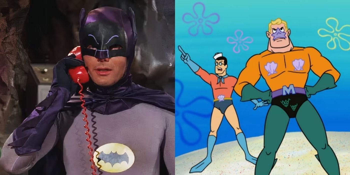 Adam West as Batman on the left and the character Young Mermaid Man from SpongeBob SquarePants on the right.