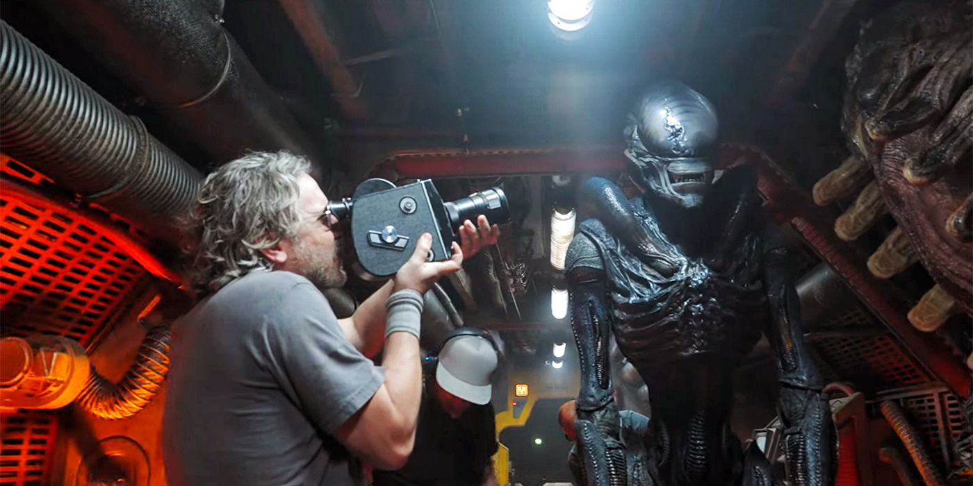 Fede Alvarez on the set of Alien: Romulus filming a close-up of a Xenormorph