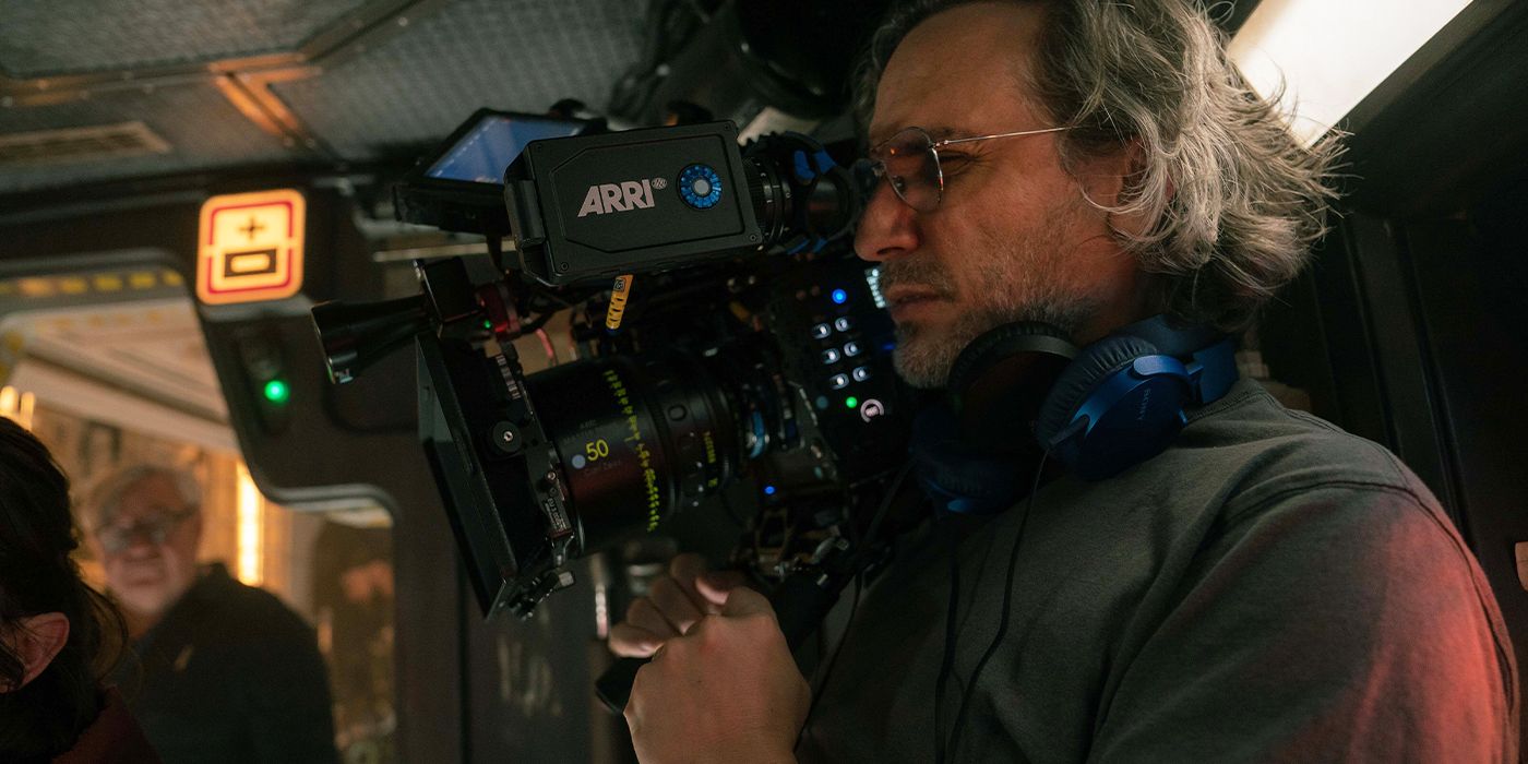 Fede Alvarez filming on the set of Alien: Romulus on a spaceship set
