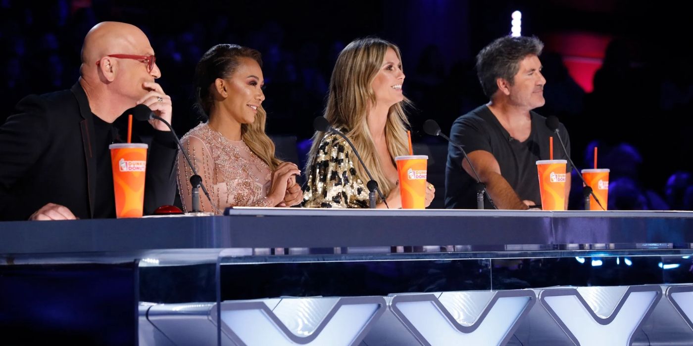 Howie Mandel, Mel B, Heidi Klum, and Simon Cowell watch talent on 'America's Got Talent.'