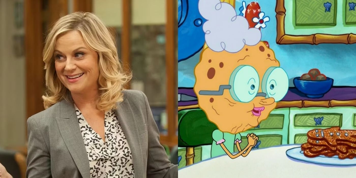 A split image with Amy Poehler in Parks and Rec and her character Granny in SpongeBob SquarePants.