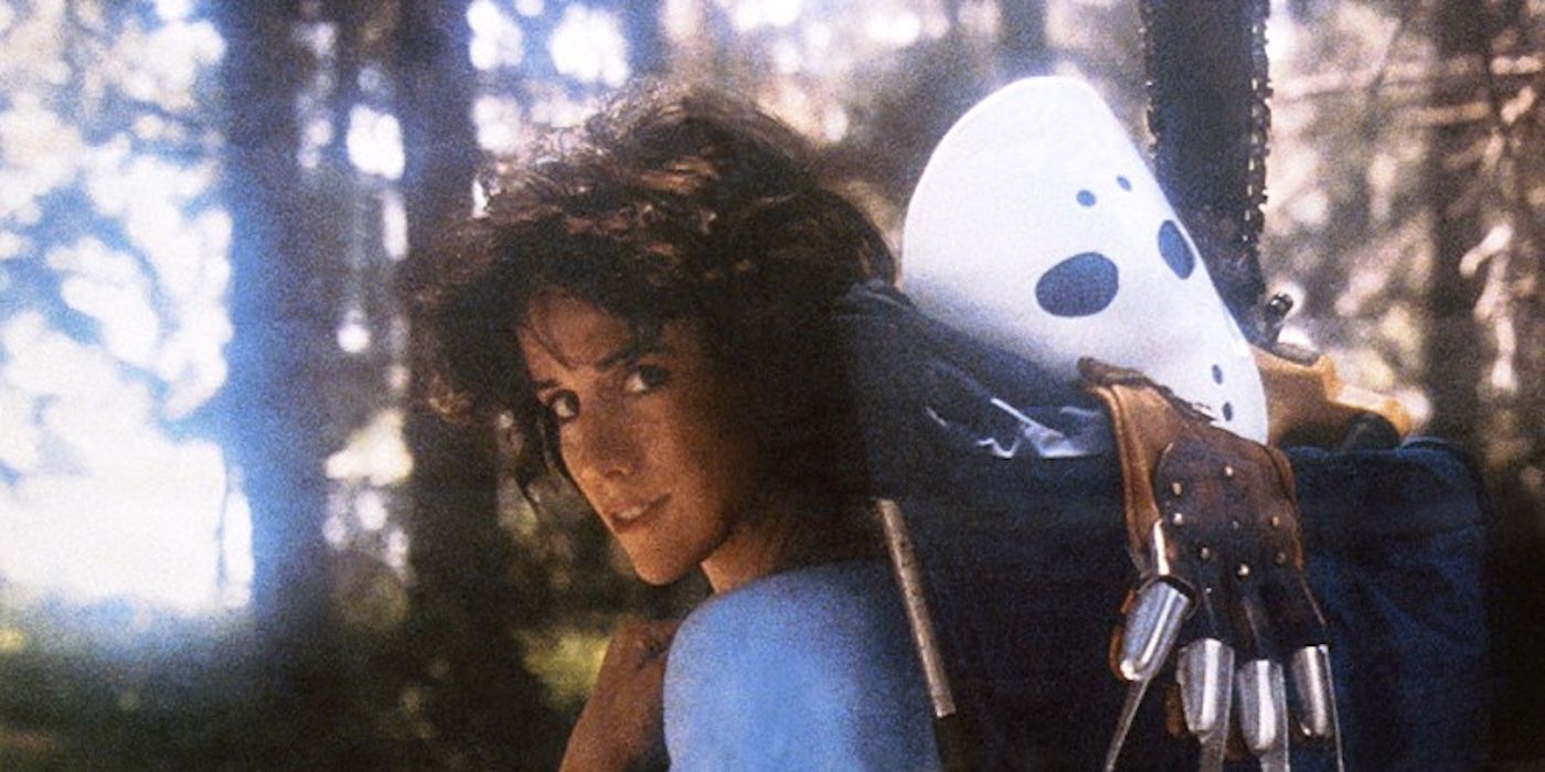 Angela (Pamela Springsteen) seen carrying a backpack with a Jason hockey mask and a Freddy Krueger glove in image from Sleepaway Camp II: Unhappy Campers movie poster.