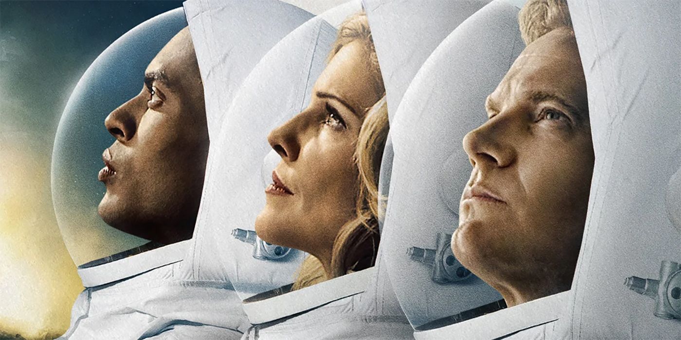 The cast of Ascension wearing astronaut suits and looking up to the sky