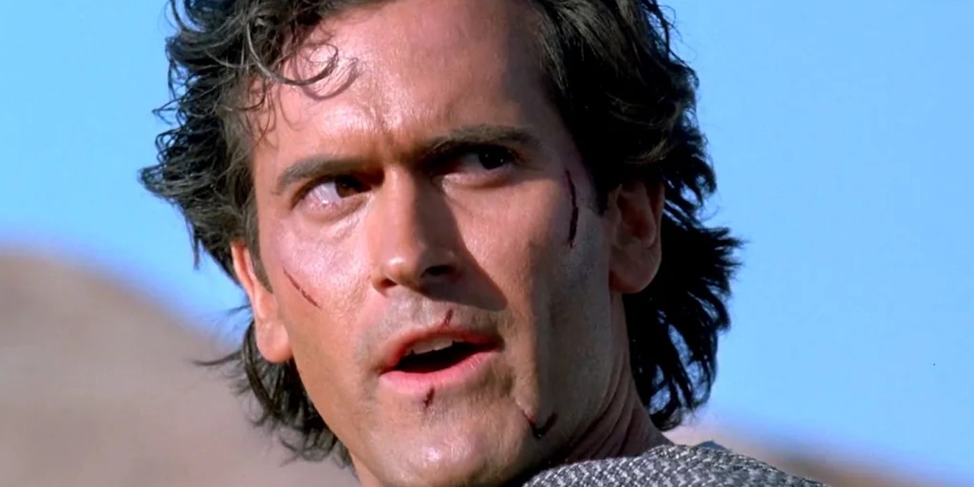 Ash (Bruce Campbell) listening to the words he has to remember - "Klaatu Barada Nikto" - in 'Army of Darkness'