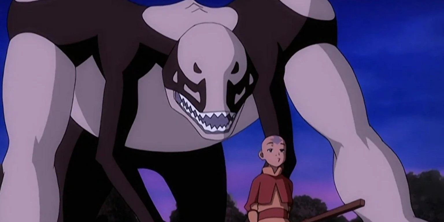 Hei Bai and Aang stand outside with a dimly lit horizon in Avatar: The Last Airbender.