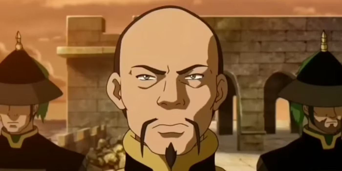 Long Feng, voiced by Clancy Brown, stands in a courtyard with guards behind in Avatar: The Last Airbender.