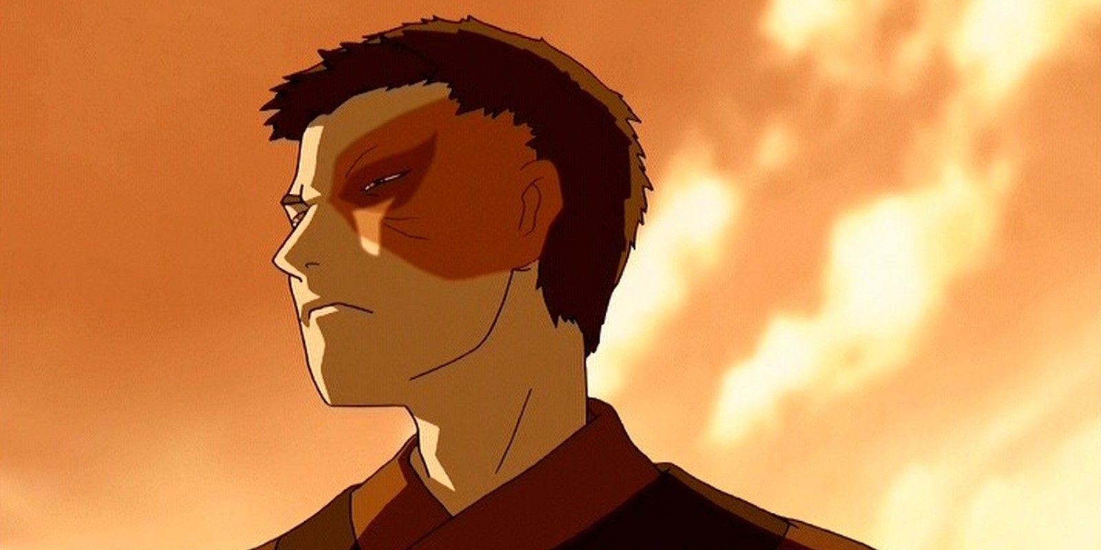 Prince Zuko stares into the distance with a yellow sky and clouds behind in Avatar: The Last Airbender.