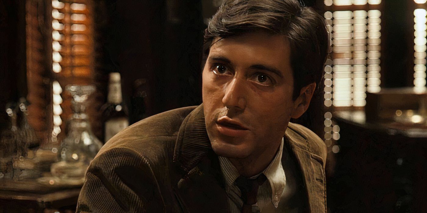 Al Pacino as Michael Corleone in The Godfather sitting in his father's office. 