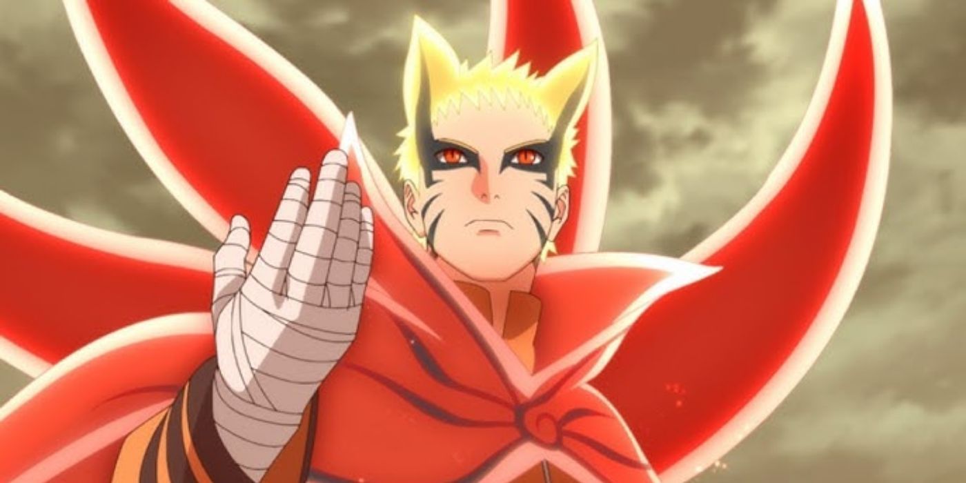 Naruto com caudas brilhantes vermelhas em novo bariário em Boruto.