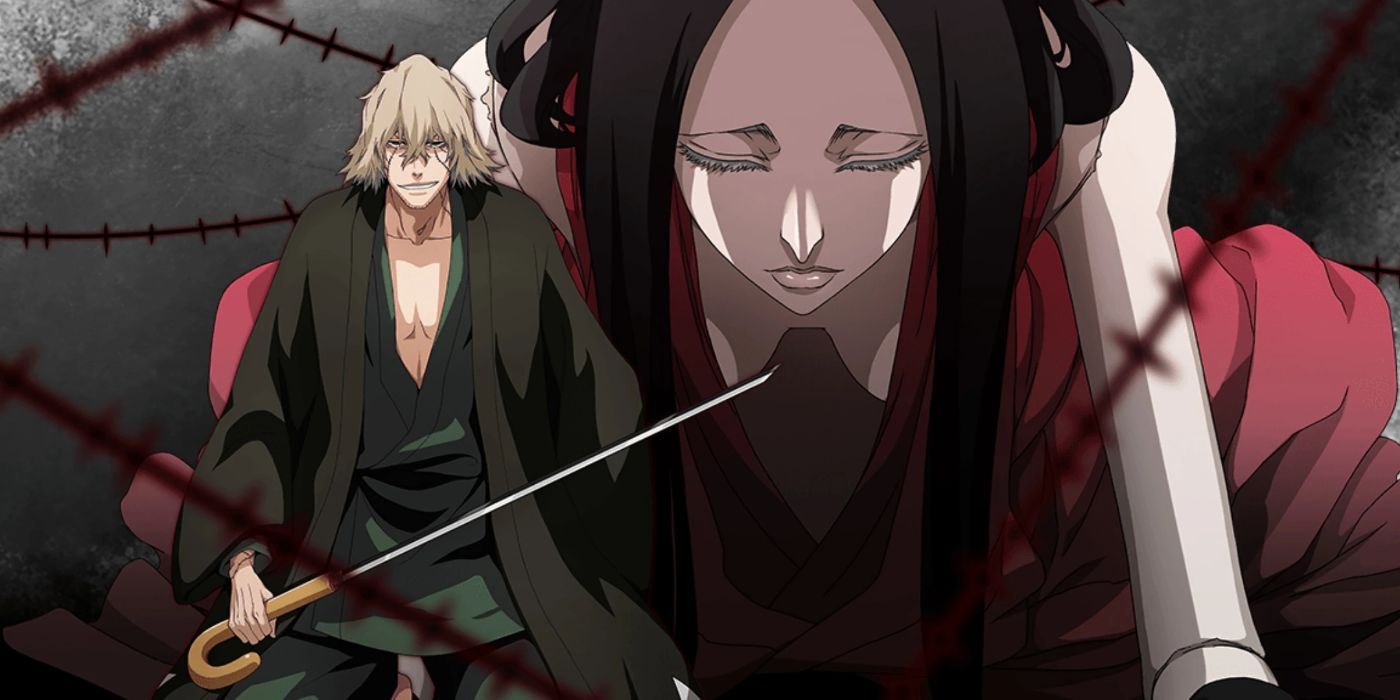 Kisuke with a sword in front of a giant scary woman in Bleach.