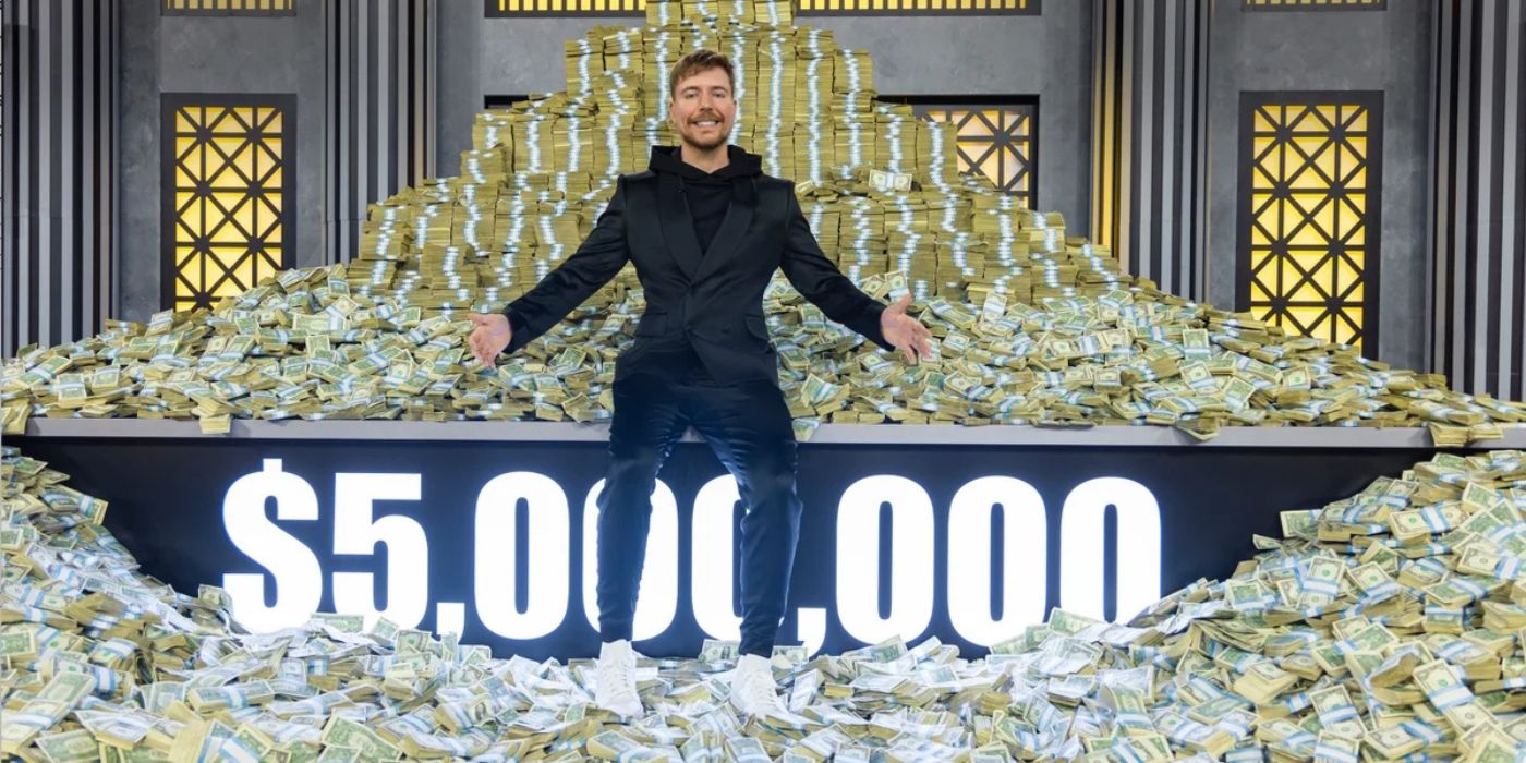 Mr. Beast poses with millions of dollars for 'Beast Games.'