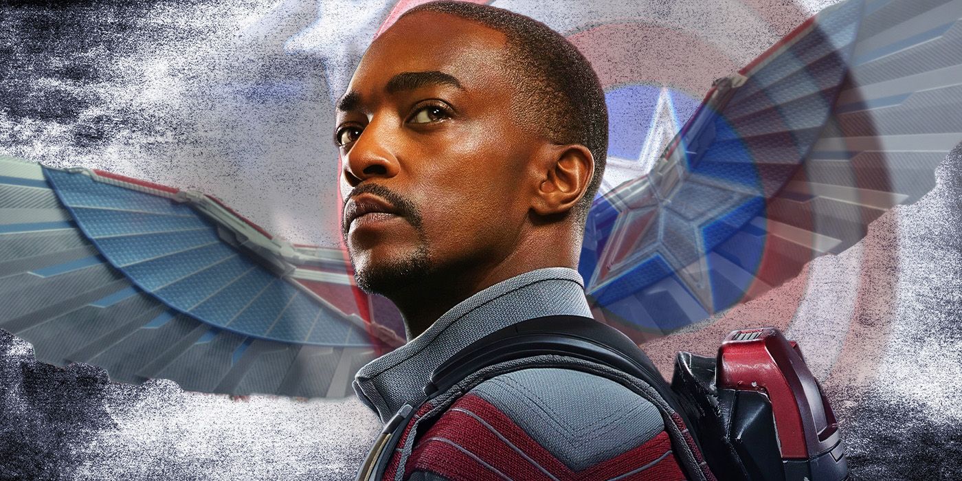 Profile of Sam WIlson looking to the left, with his Falcon Wings and Captain America shield behind him