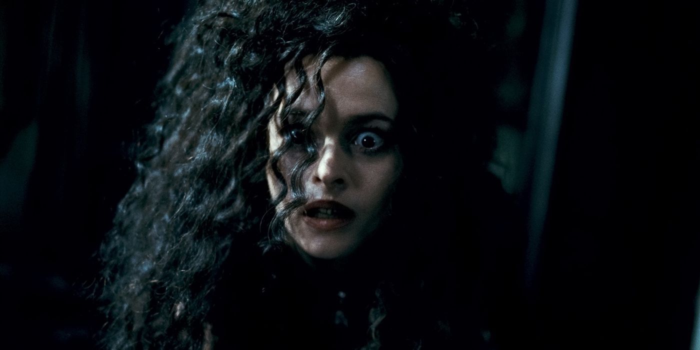 Helena Bonham Carter as Bellatrix Lestrange looks shocked in Harry Potter and the Deathly Hallows Part 1.