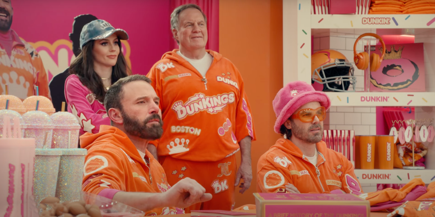 Ben Affleck, Casey Affleck and Bill Belichick in the Dunkin Super Bowl ad