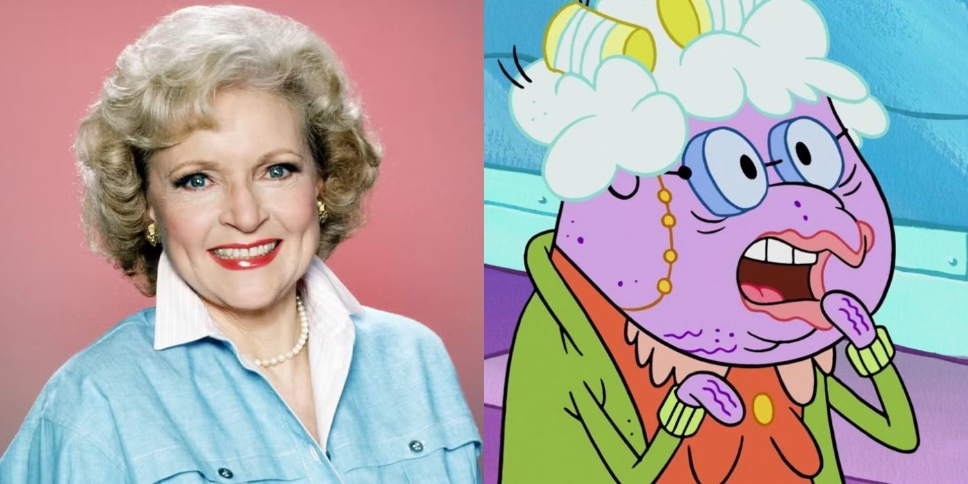 A split image with Betty White in The Golden Girls and her character Beatrice in SpongeBob SquarePants.