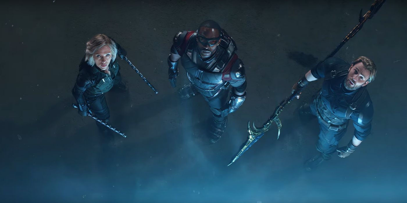 Black Widow, Falcon and Captain America looking up in Avengers: Infinity War.