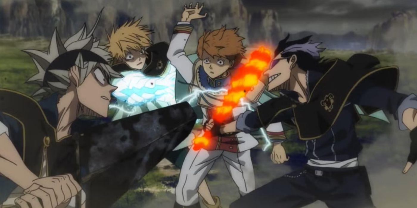 Asta, Magna, and Luck point their weapons at someone in Black Clover.