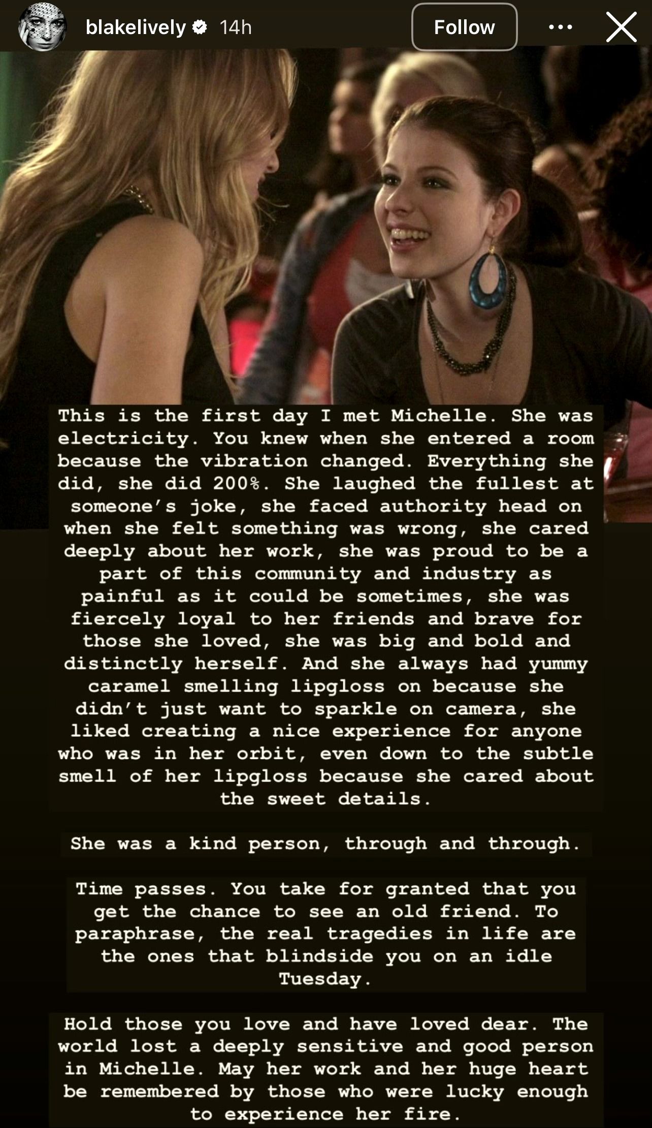Blake Lively&rsquo;s tribute to Michelle Trachtenberg on her personal Instagram story