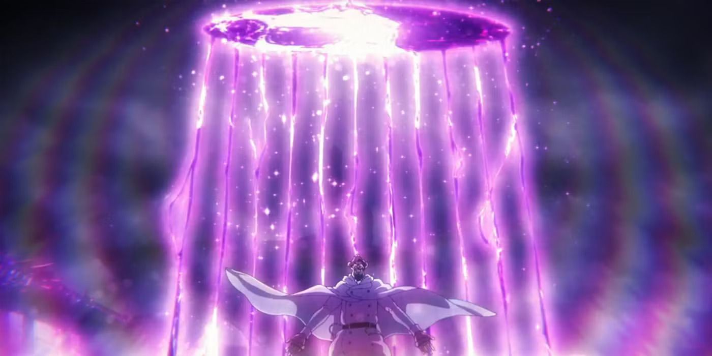 Purple lightning raining down behind Quincy in Bleach anime.
