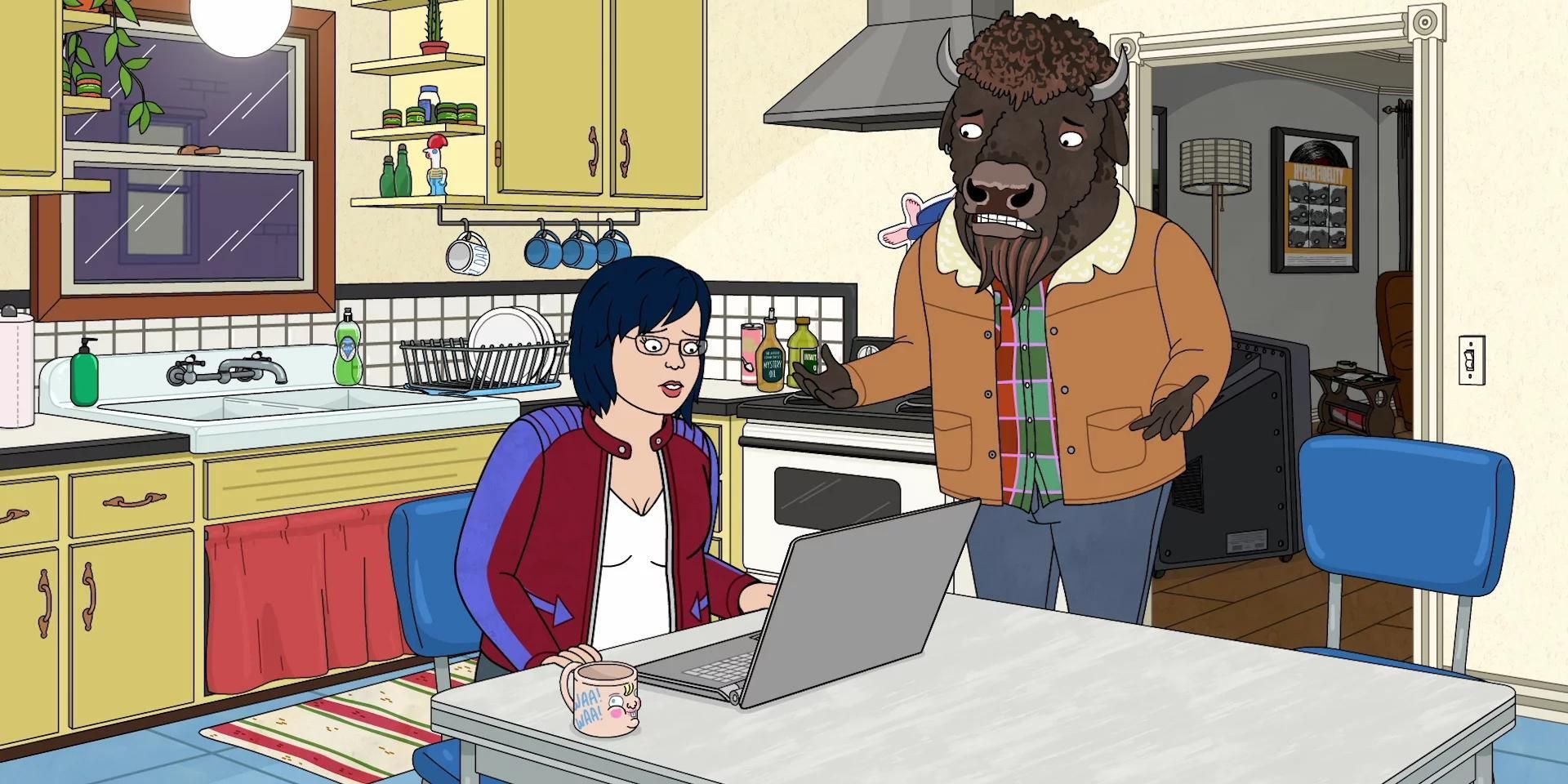 Diane working on her laptop next to Buffalo boyfriend, Guy, in the Bojack Horseman episode "Good Damage"