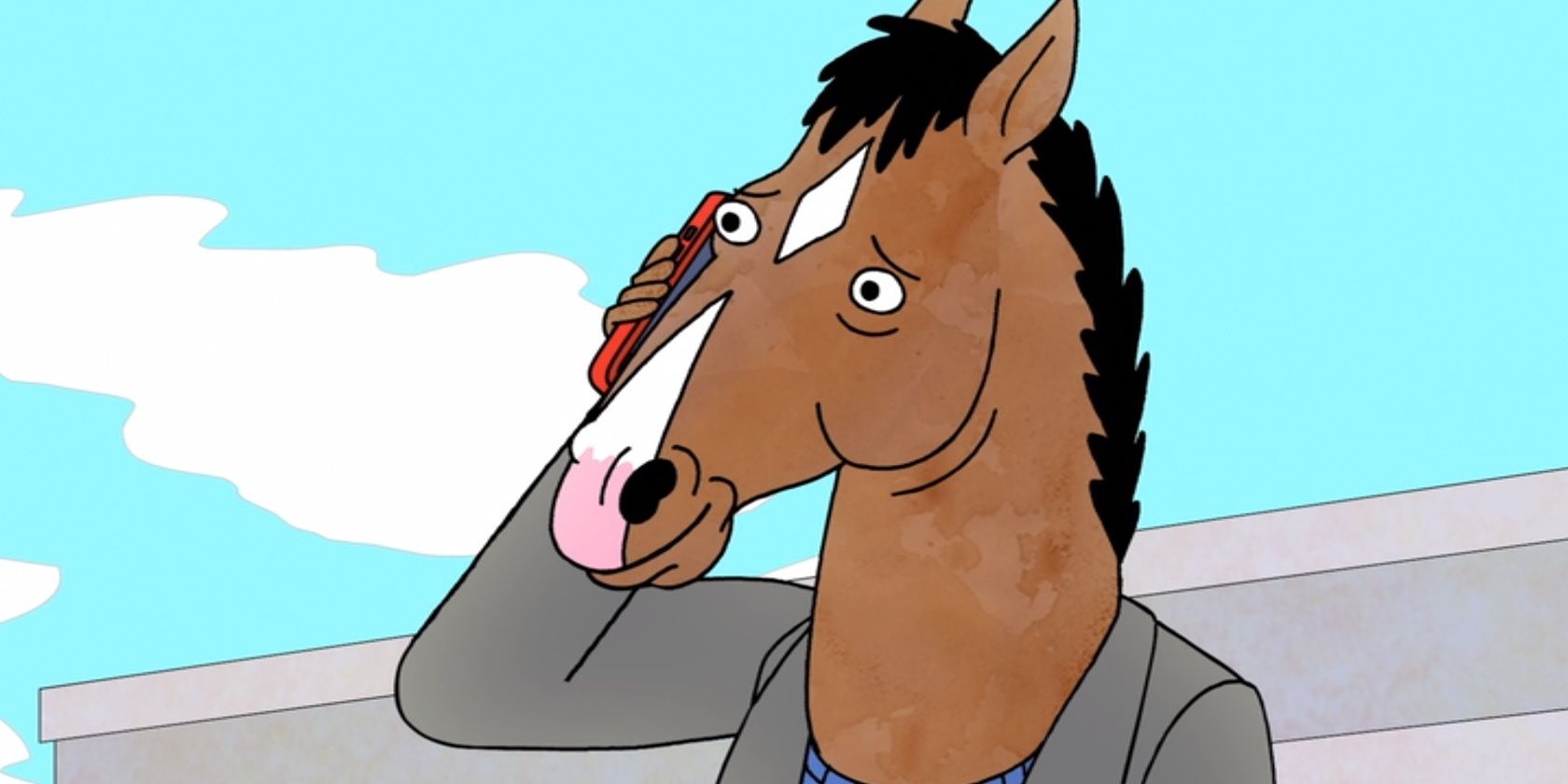 Bojack Horseman with a pained smile across his face while talking on the phone in the Bojack Horseman episode &ldquo;What Time Is It Right Now?&quot;