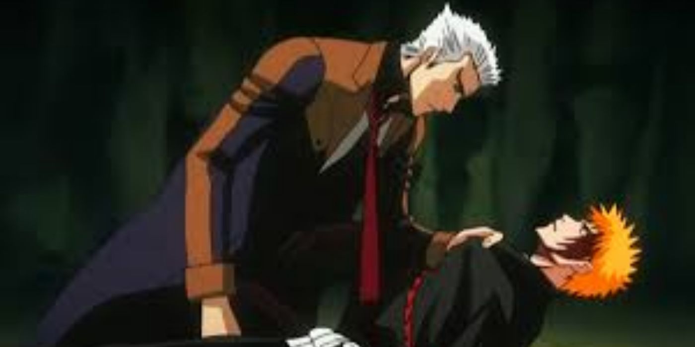 White haired man holding Ichigo in Bleach