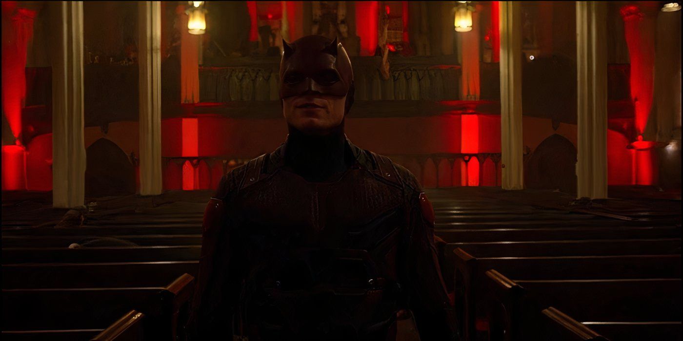 Bullseye dressed as Daredevil in a church in Daredevil
