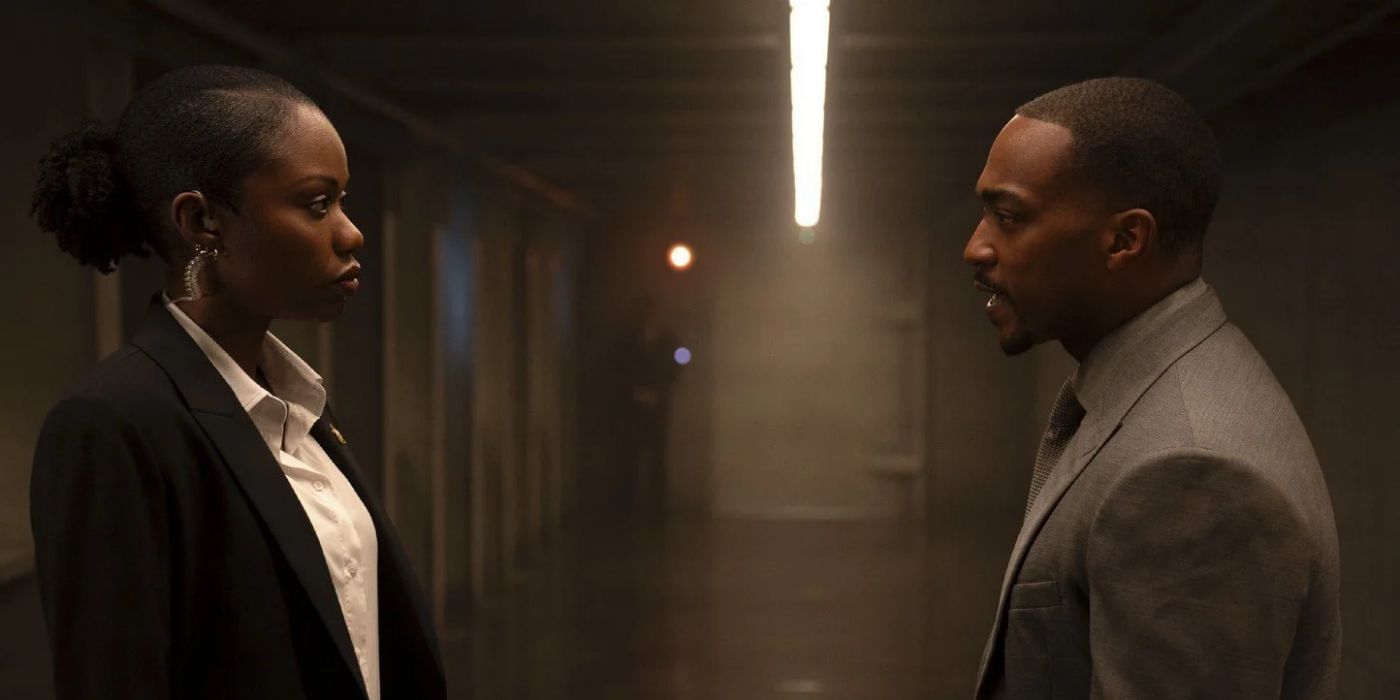 Leila Taylor (Xosha Roquemore) in a hallway with Sam Wilson (Anthony Mackie) in &lsquo;Captain America: Brave New World&rsquo;