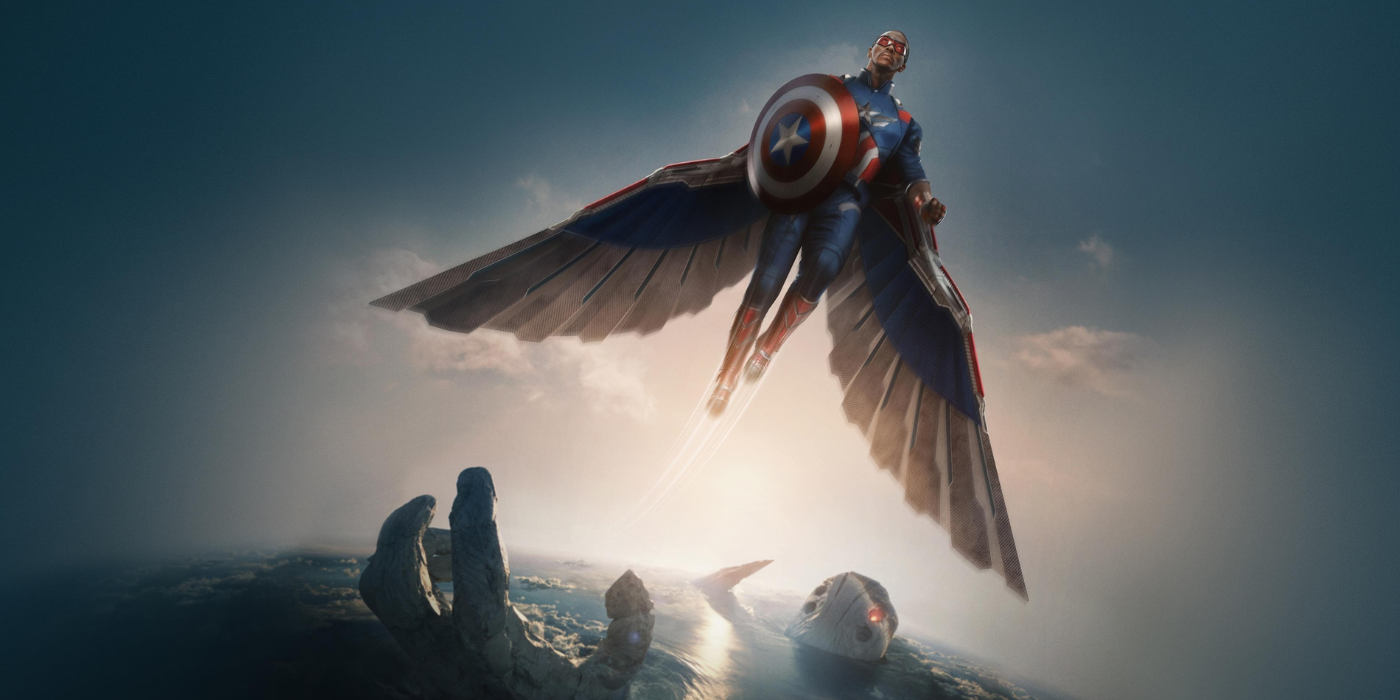 Sam Wilson as Captain America soars above the Celestial Tiamut Island in Captain America Brave New World.